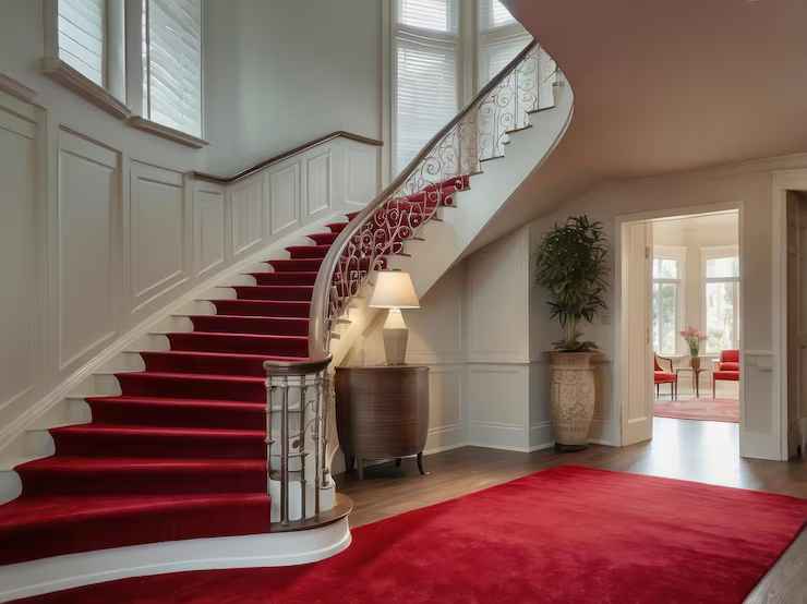 elegant-curved-staircase with red carpet