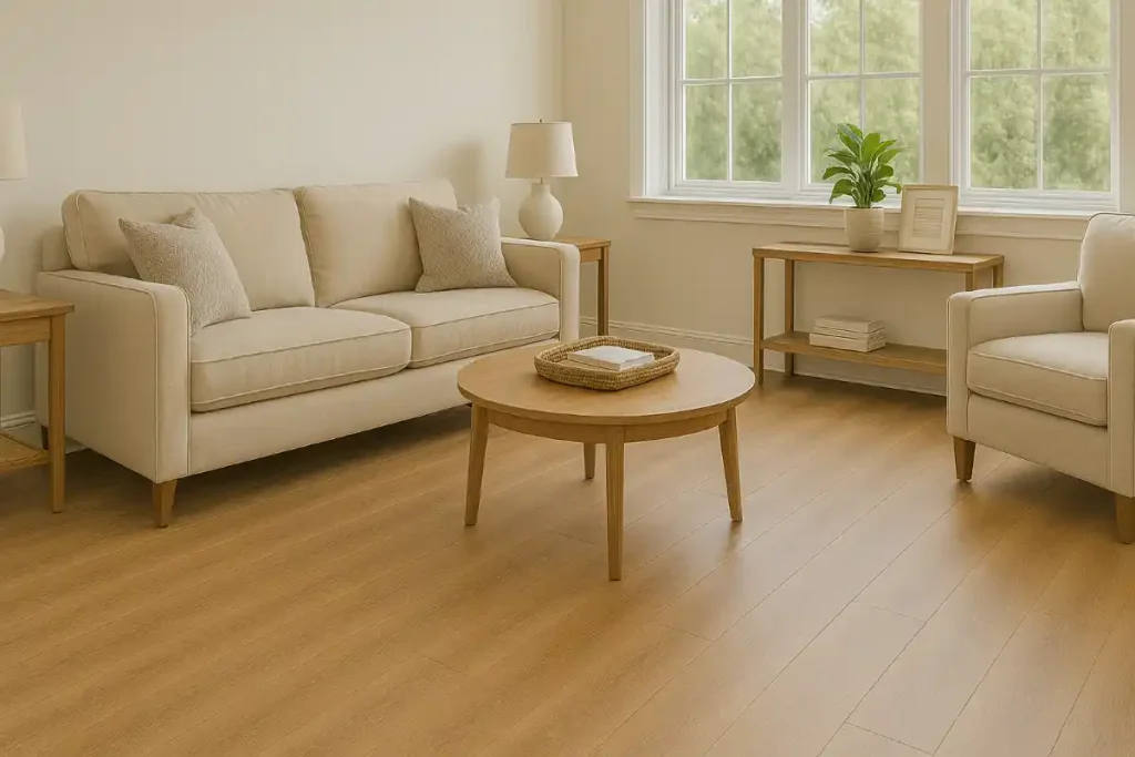 living room with spc stone plastic composite flooring