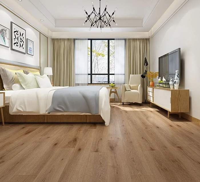 luxury bedroom with brown wood look SPC flooring