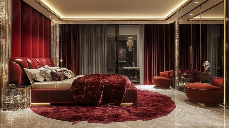 luxury bedroom with-red round carpet