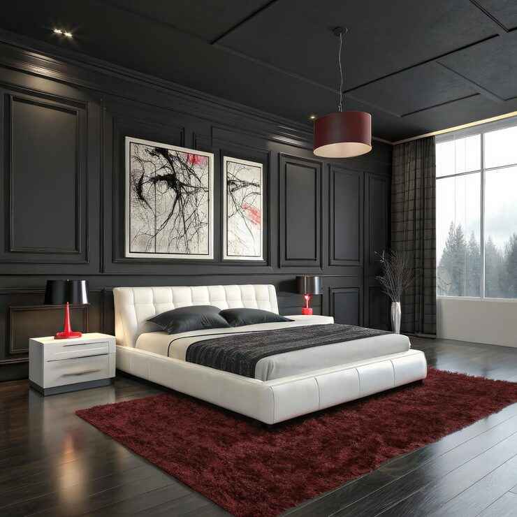 modern gothic bedroom with shaggy red carpet
