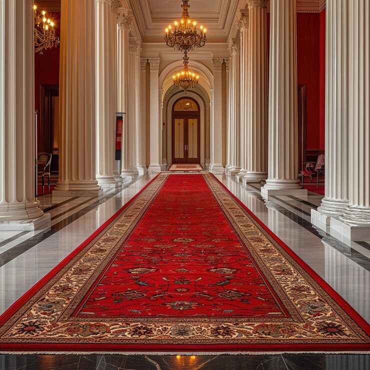 red carpet with gold design in hotel