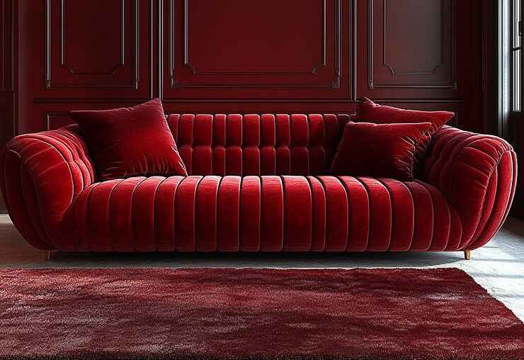 red couch with red cushions amd red floor carpet