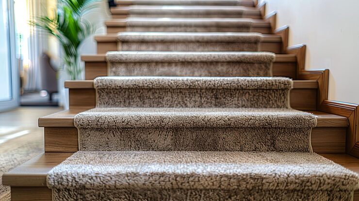 closeup carpeted wooden stairs-modern-home