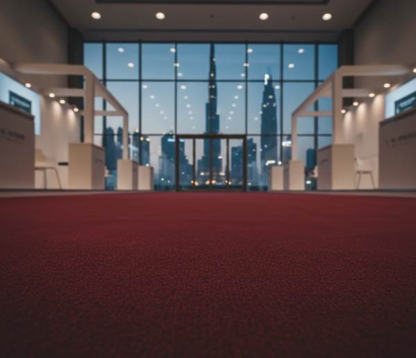 dark red exhibition carpet installation near burj khalifa