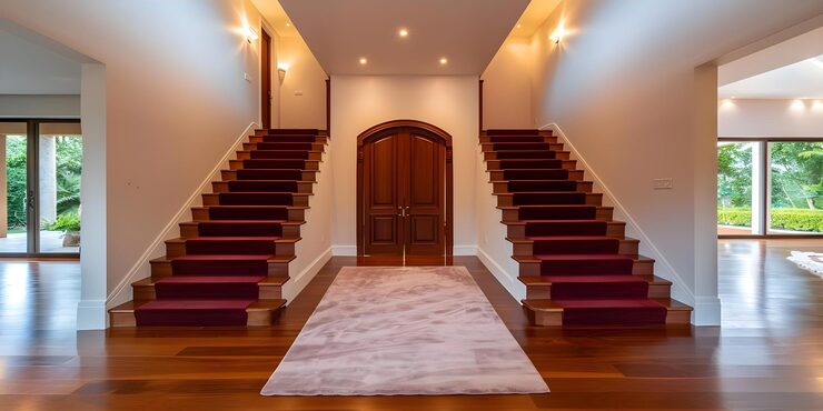 modern-entryway-with-maroon stair carpet