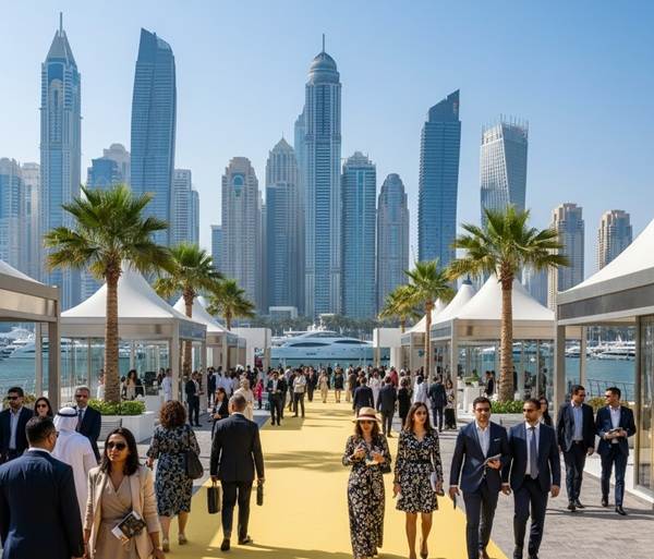 yellow exhibition carpet installation in palm jumeriah
